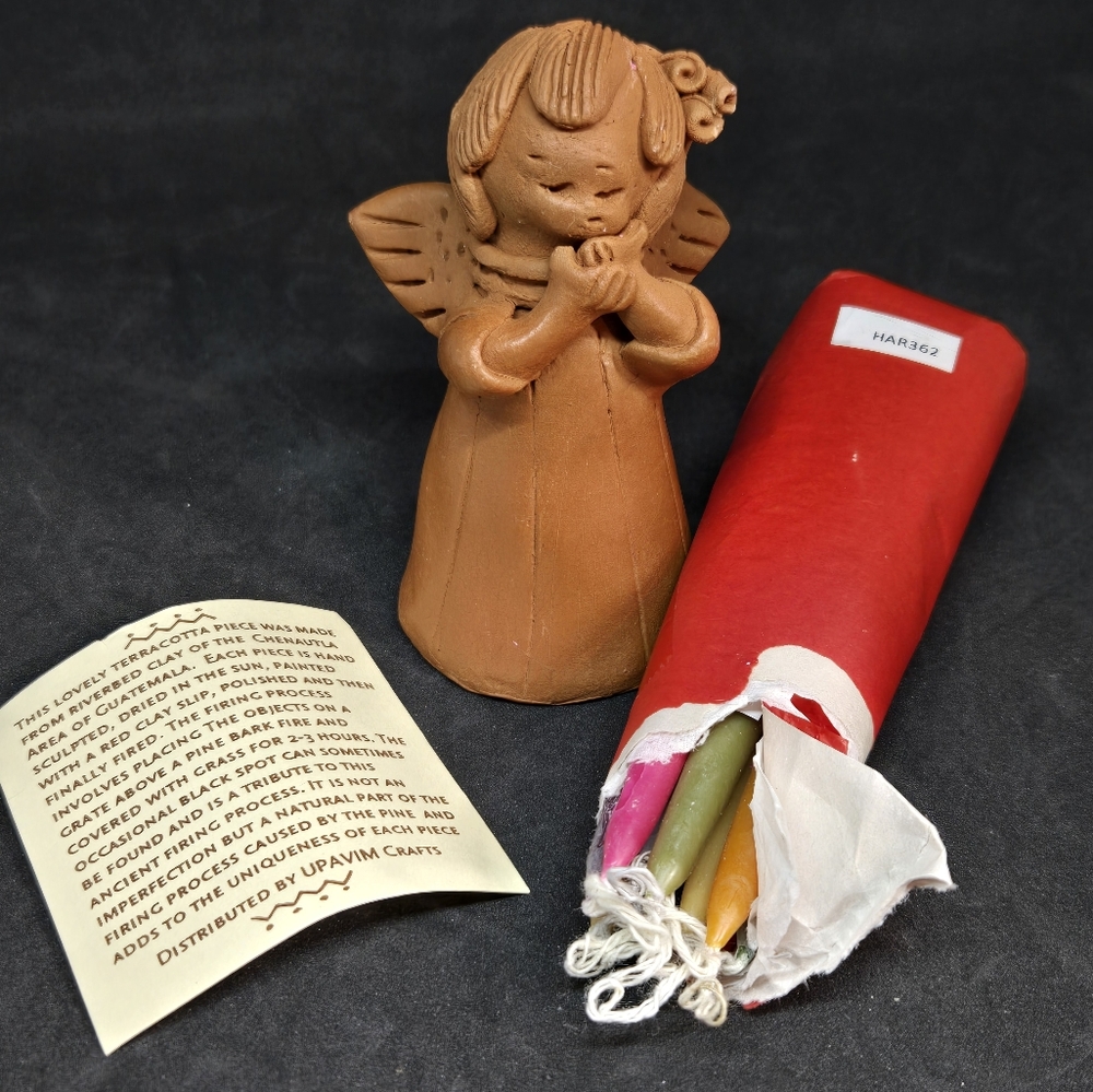 Red Terracotta Clay Hand Sculpted Angel with Candles Guatemala Upavim